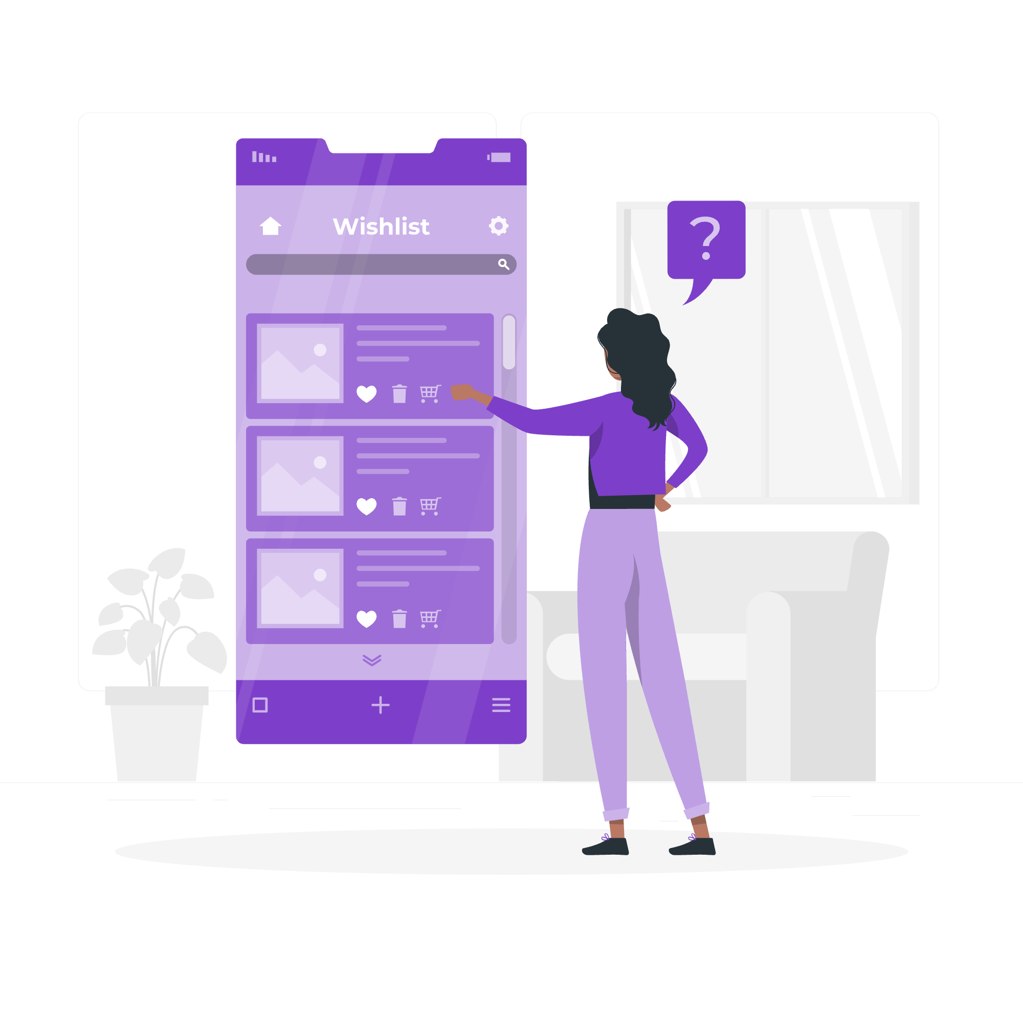 Woman browsing product wishlist on a large screen in a home environment