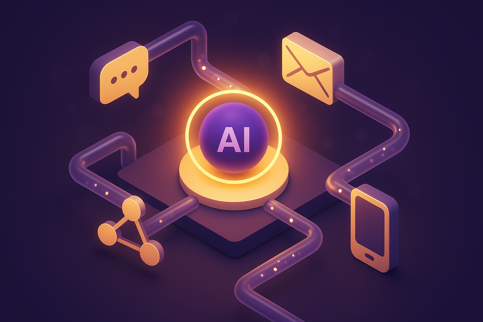 3D plastic-style illustration showing a glowing purple AI sphere connected by luminous tubes to icons of chat, email, sharing, and mobile, symbolizing omnichannel integration.