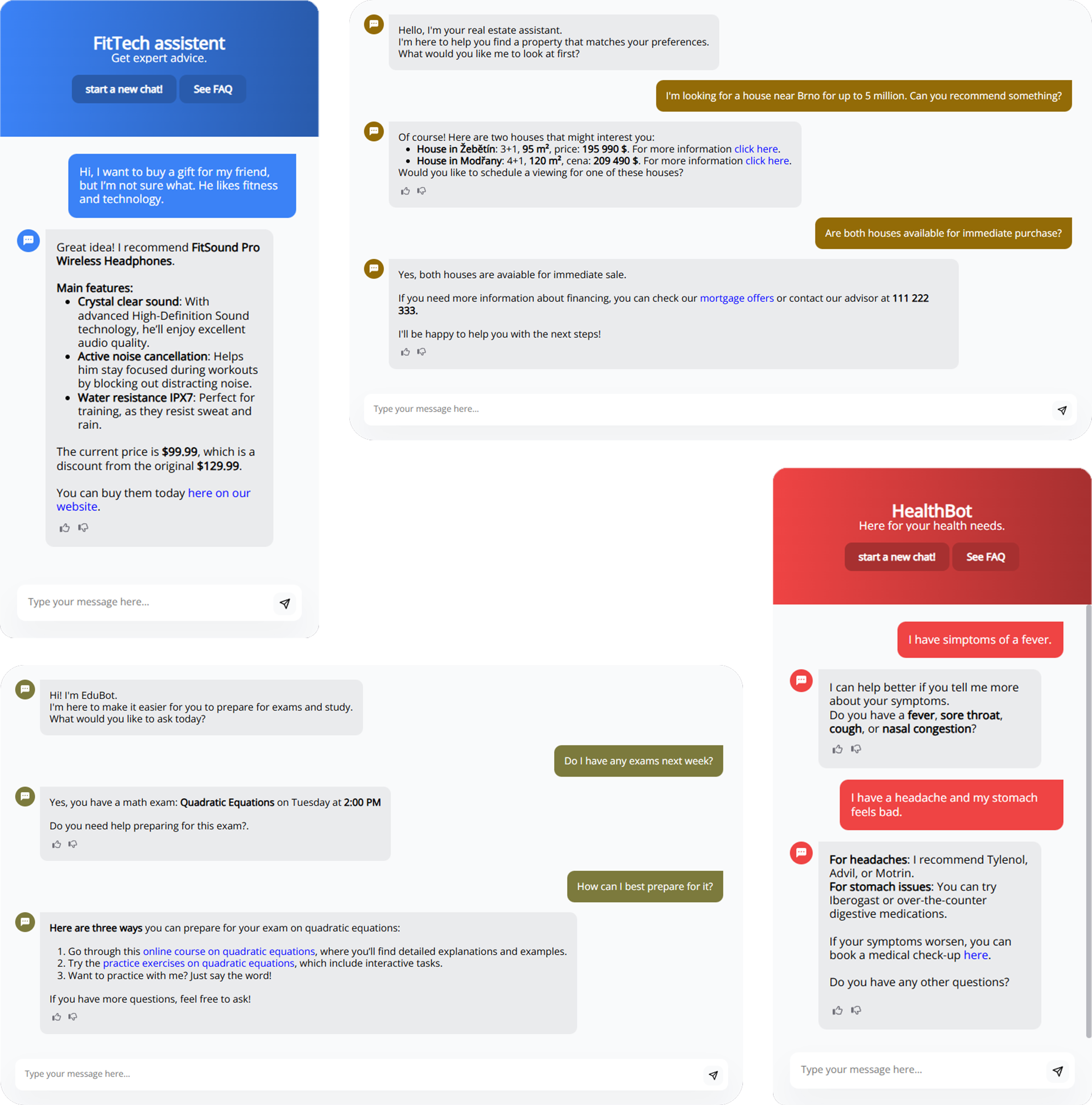 Collage of various chatbot examples from tech, real estate, healthcare, and education
