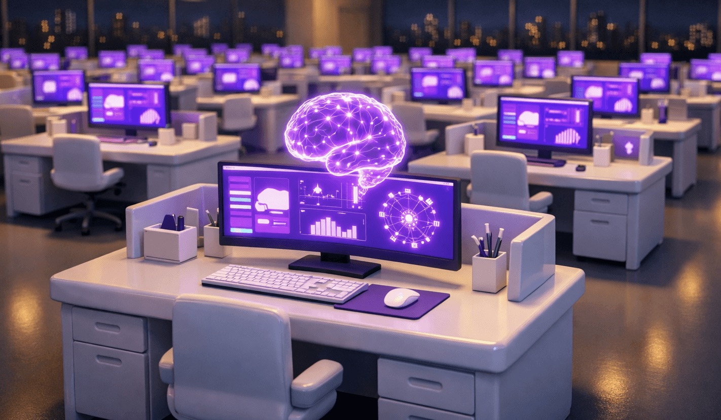 Prázdná kancelář s řadami stolů, kde každý monitor zobrazuje AI dashboard s fialovou neuronovou sítí — žádní zaměstnanci.