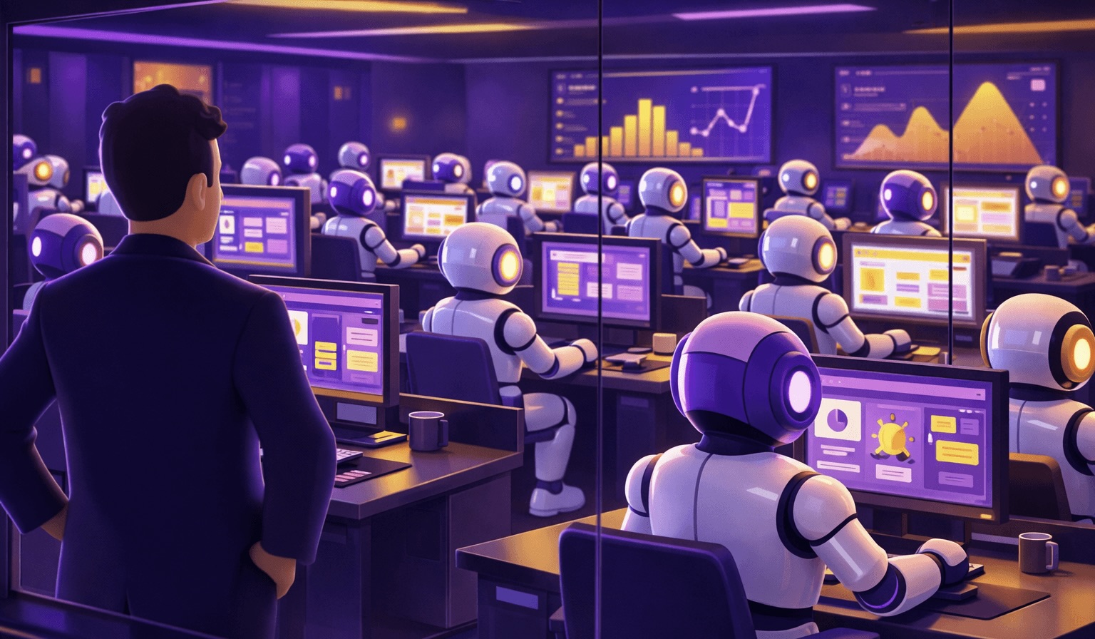 Ilustrace moderní kanceláře, kde desítky AI robotů pracují u počítačů na správě e-shopu, zatímco manažer sleduje jejich práci přes skleněnou stěnu. Roboti zobrazují chaty, objednávky a analytické grafy v prostředí automatizovaného online prodeje.