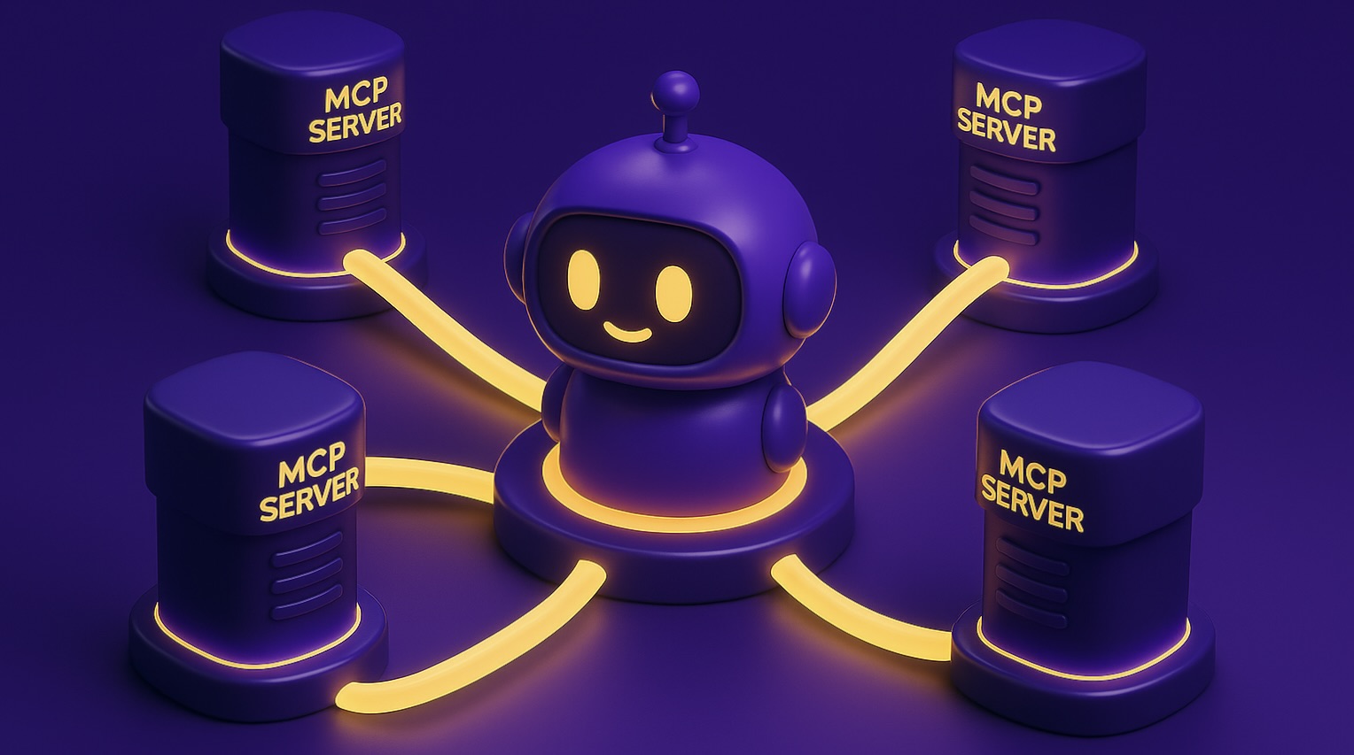 Ilustrace AI chatbota propojeného s MCP servery pomocí svítících kabelů, vizuál vysvětlující integraci MCP serverů a AI chatbotů.