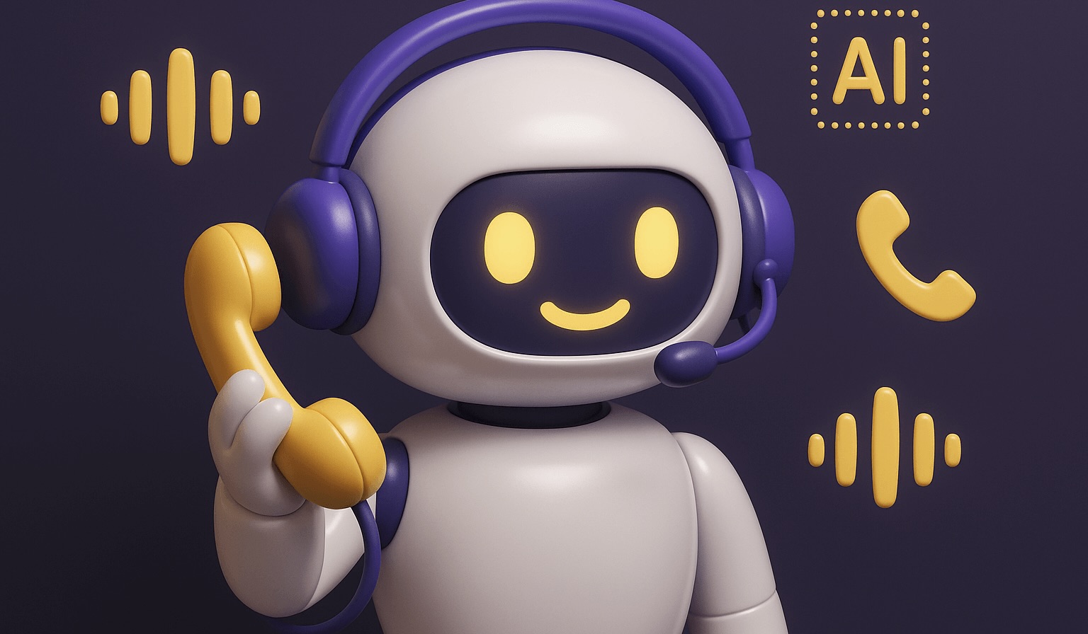 3D plastic robot with purple headphones and a microphone holding a yellow phone handset. Floating around are call icons, sound waves, and the text “AI.” The image represents a voice AI chatbot capable of making phone calls and communicating with customers.