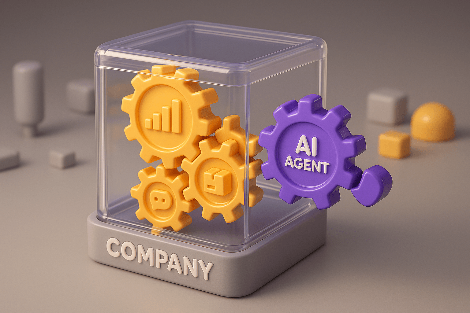 3D plastic illustration of a company as a transparent cube with gears and a purple “AI Agent” gear being inserted.