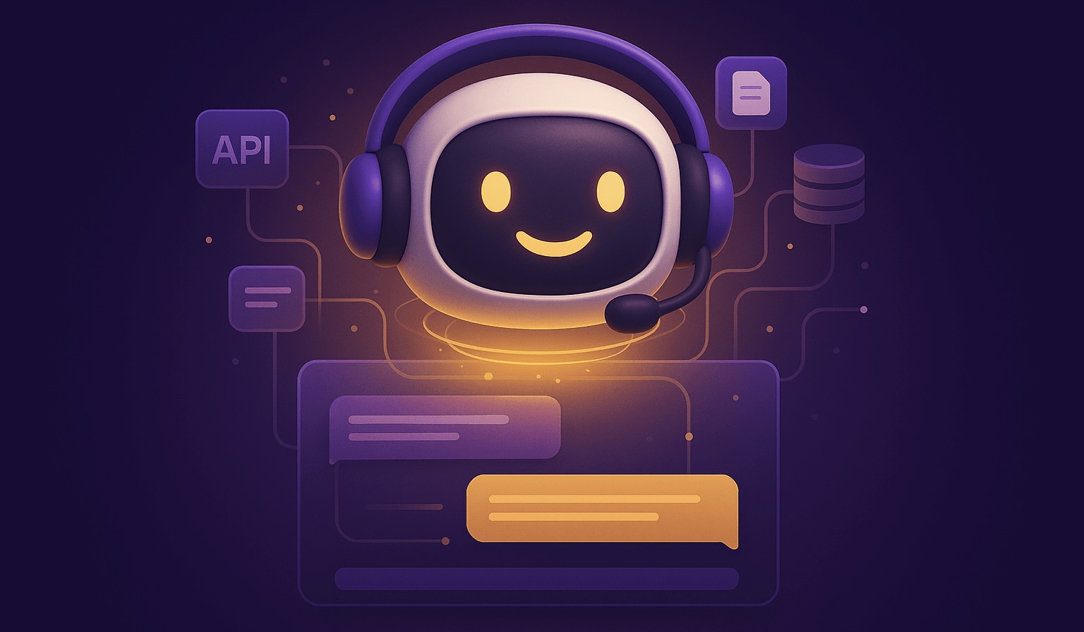 Ilustrace AI chatbota s headsetem, který komunikuje skrze chatové okno a je propojený s API, dokumenty a databází. Moderní futuristický styl v barvách fialové a zlaté, znázorňující inteligentní automatizaci a práci s daty.