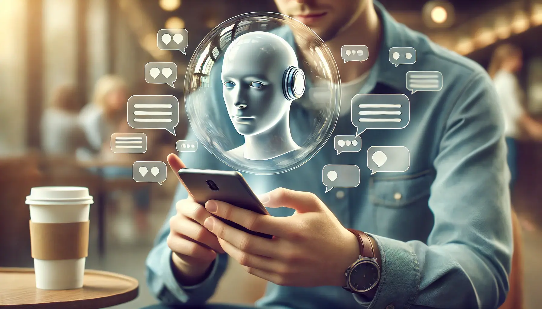 Realistická ilustrace člověka držícího smartphone, ze kterého vystupuje velká průhledná bublina se zprávami – symbolizující konverzaci s chatbotem nebo umělou inteligencí v moderním digitálním prostředí.