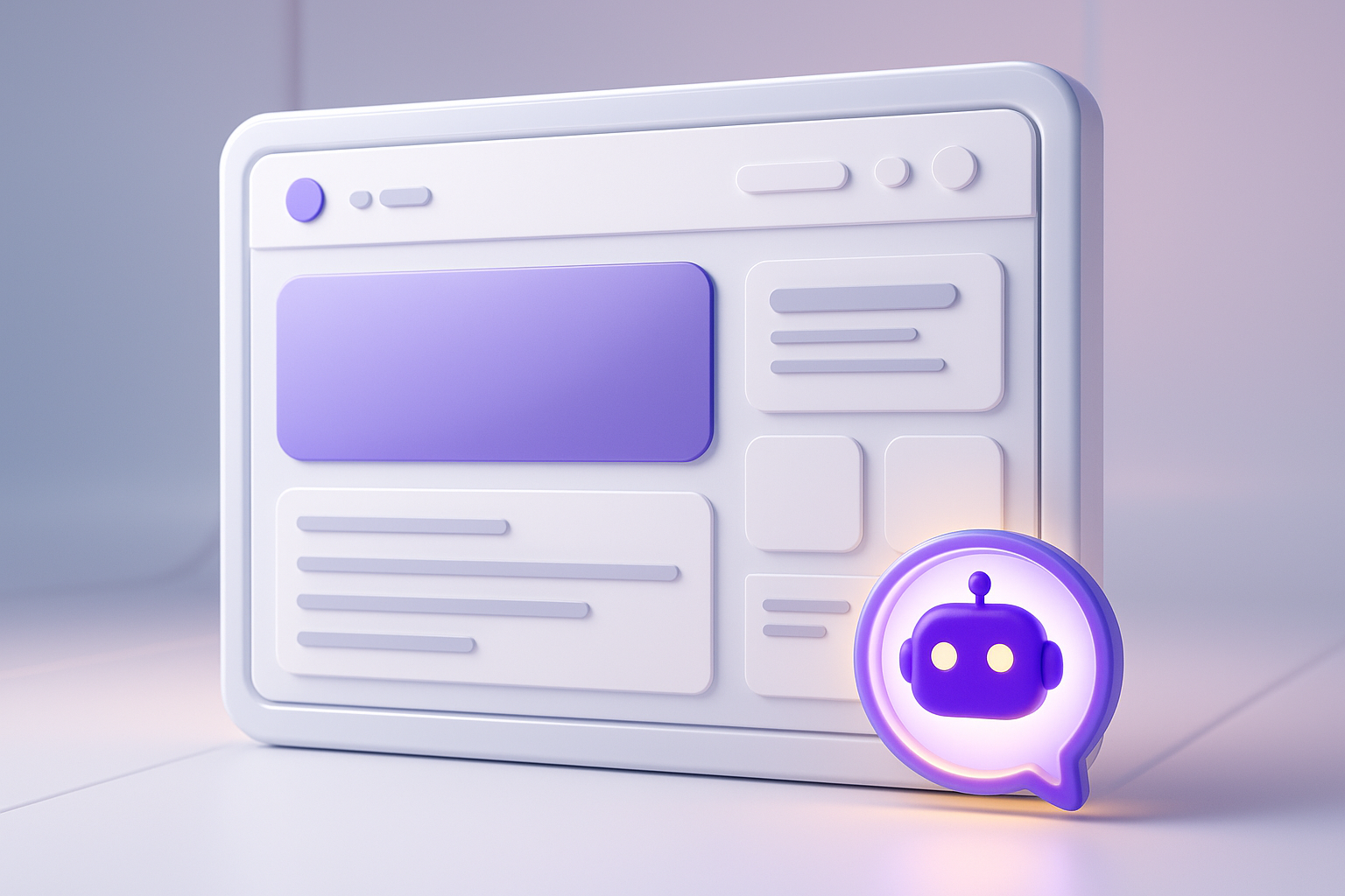 Futuristická 3D ilustrace AI Chatbota na webu, znázorňující moderní zákaznickou podporu a digitální komunikaci.