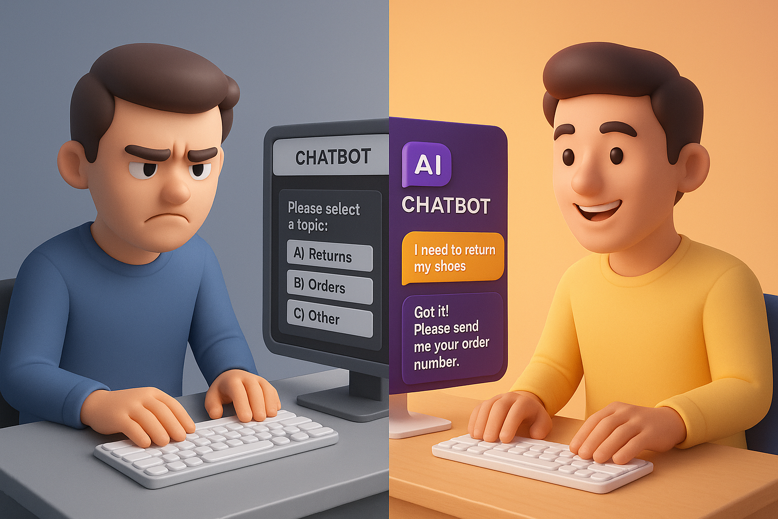 Side-by-side comparison of two users at a computer – on the left, a frustrated man interacting with a button-based chatbot; on the right, a happy user chatting naturally with an AI assistant.